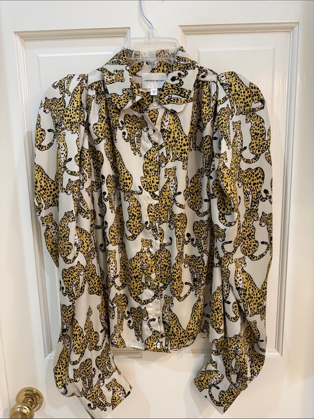 Lavender Brown Cream Blouse with Yellow Leopard Print
